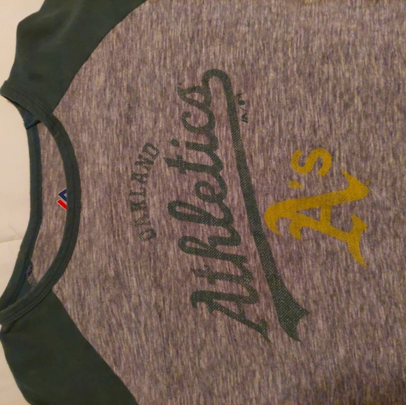 Majestic 90s y2k Oakland A's Baseball 3/4 sleeve tee Gray Green Large - Picture 2 of 6